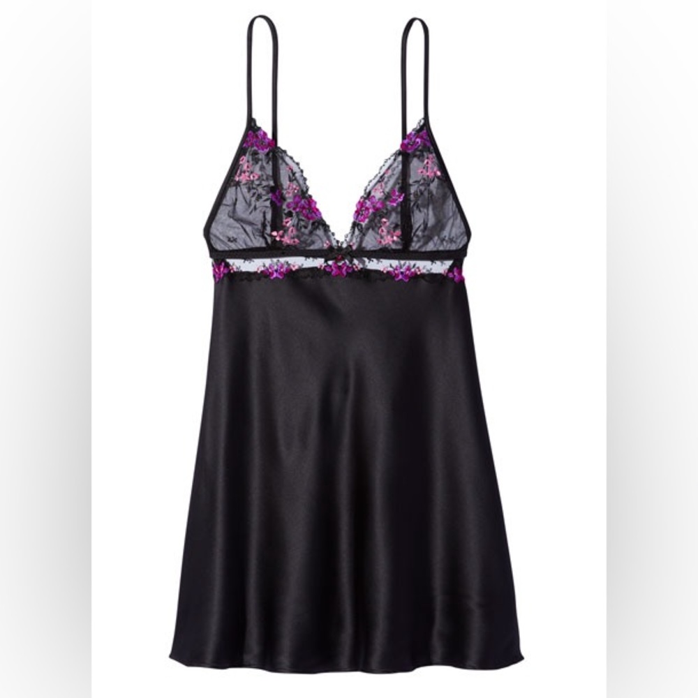 Victorias Secret Very Sexy Purple and Black Floral Embroidery Satin Slip